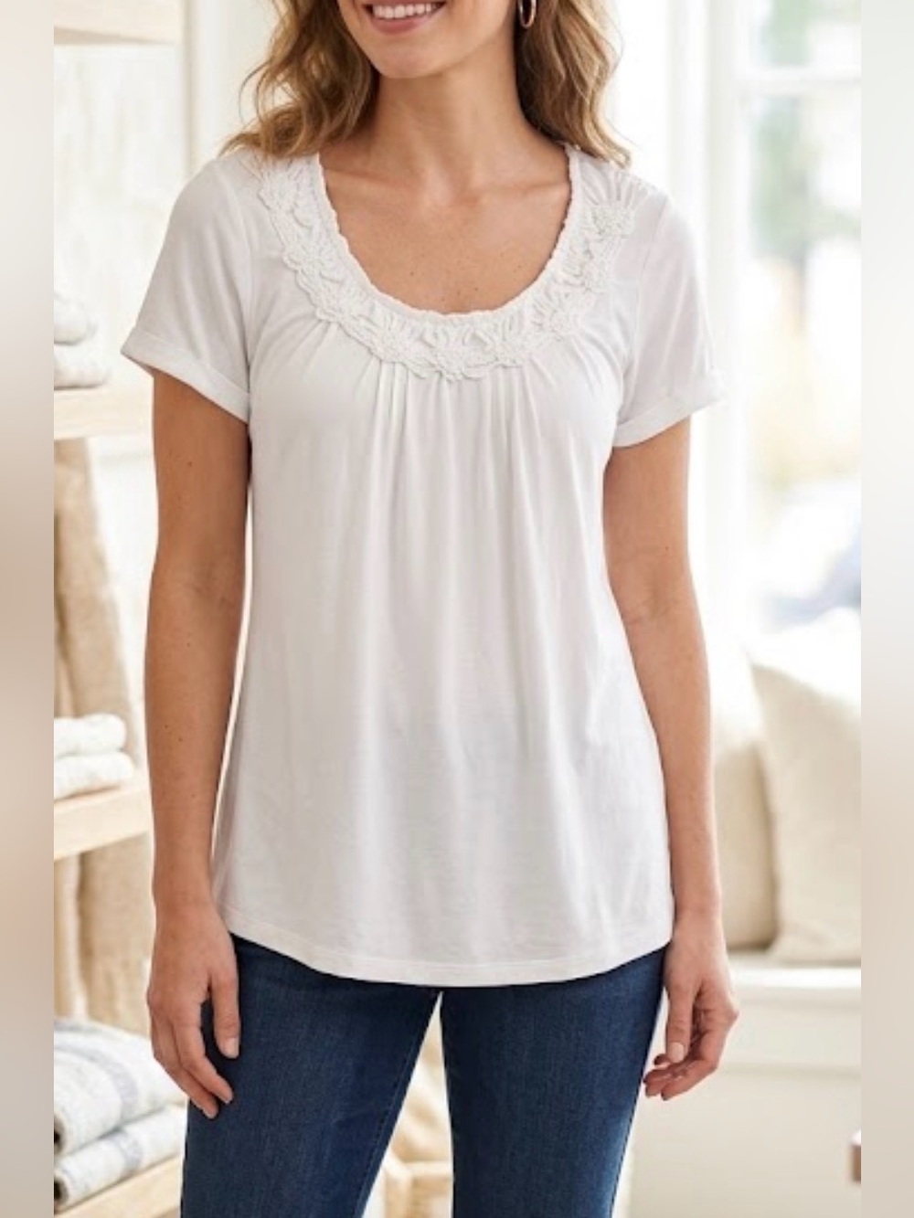 Coldwater Creek White Short-Sleeve Scoop Neck Top 14/L formal modest casual